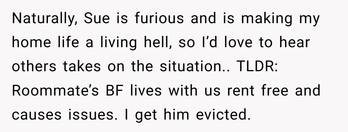 Naturally, Sue is furious and is making my home life a living hell, so I’d love to hear others takes on the situation.. TLDR: Roommate’s BF lives with us rent...