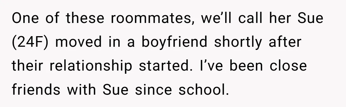 One of these roommates, we’ll call her Sue (24F) moved in a boyfriend shortly after their relationship started. I’ve been close friends with Sue since school.