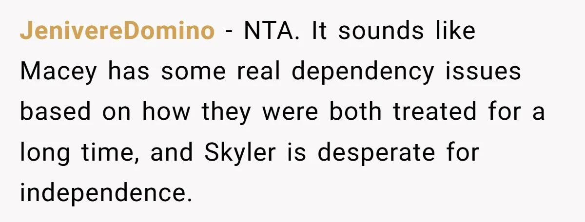 JenivereDomino − NTA. It sounds like Macey has some real dependency issues based on how they were both treated for a long time, and Skyler is desperate for independence.