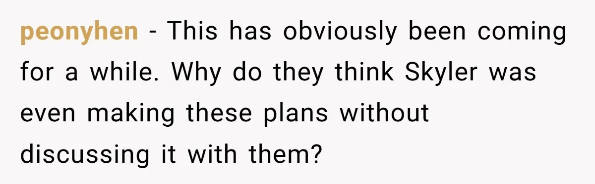 peonyhen − This has obviously been coming for a while. Why do they think Skyler was even making these plans without discussing it with them?