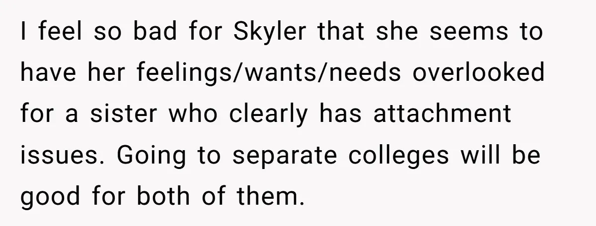 I feel so bad for Skyler that she seems to have her feelings/wants/needs overlooked for a sister who clearly has attachment issues. Going to separate colleges will be good for...