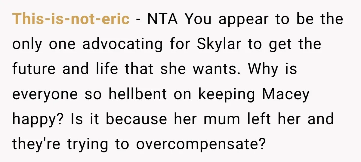 This-is-not-eric − NTA You appear to be the only one advocating for Skylar to get the future and life that she wants. Why is everyone so hellbent on keeping Macey...