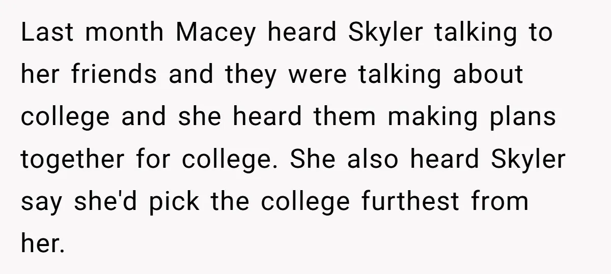 Last month Macey heard Skyler talking to her friends and they were talking about college and she heard them making plans together for college. She also heard Skyler say she'd...