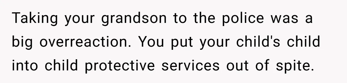 Taking your grandson to the police was a big overreaction. You put your child's child into child protective services out of spite.