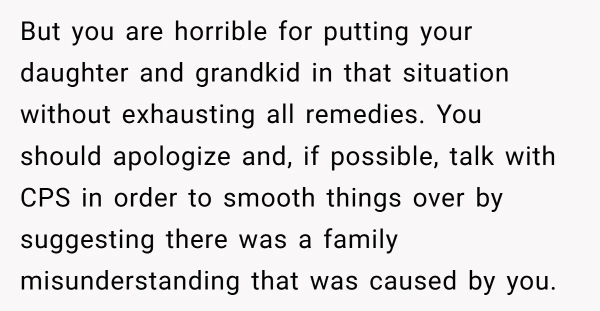 But you are horrible for putting your daughter and grandkid in that situation without exhausting all remedies. You should apologize and, if possible, talk with CPS in order to smooth...