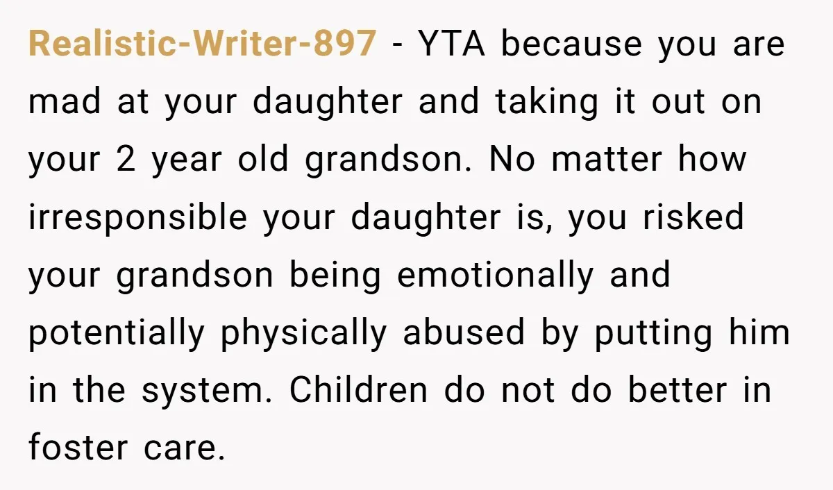 Realistic-Writer-897 - YTA because you are mad at your daughter and taking it out on your 2 year old grandson. No matter how irresponsible your daughter is, you risked your...