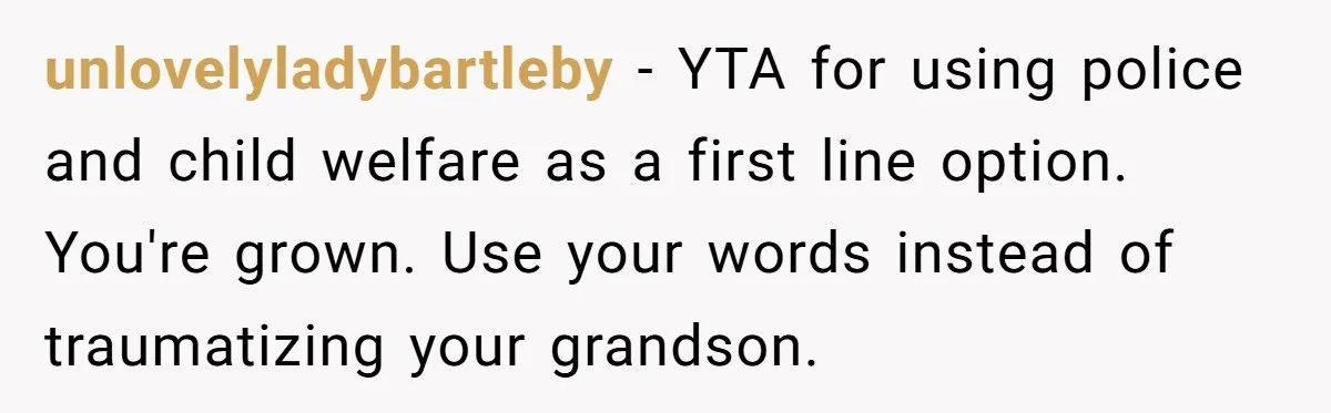 unlovelyladybartleby - YTA for using police and child welfare as a first line option. You're grown. Use your words instead of traumatizing your grandson.