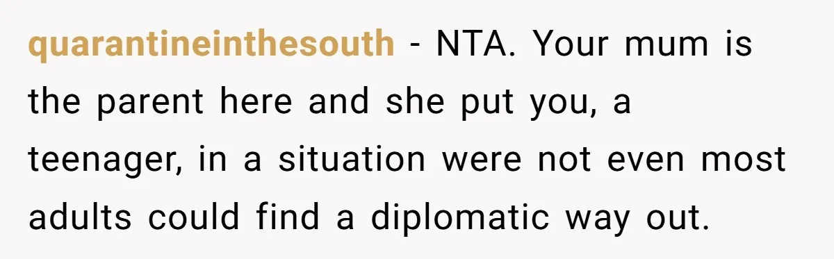 quarantineinthesouth − NTA. Your mum is the parent here and she put you, a teenager, in a situation were not even most adults could find a diplomatic way out.