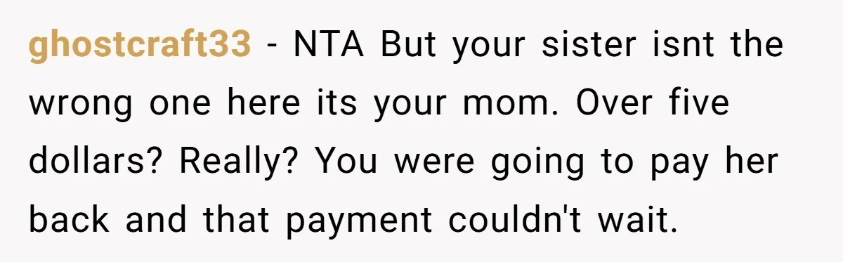 ghostcraft33 − NTA But your sister isnt the wrong one here its your mom. Over five dollars? Really? You were going to pay her back and that payment couldn't wait.