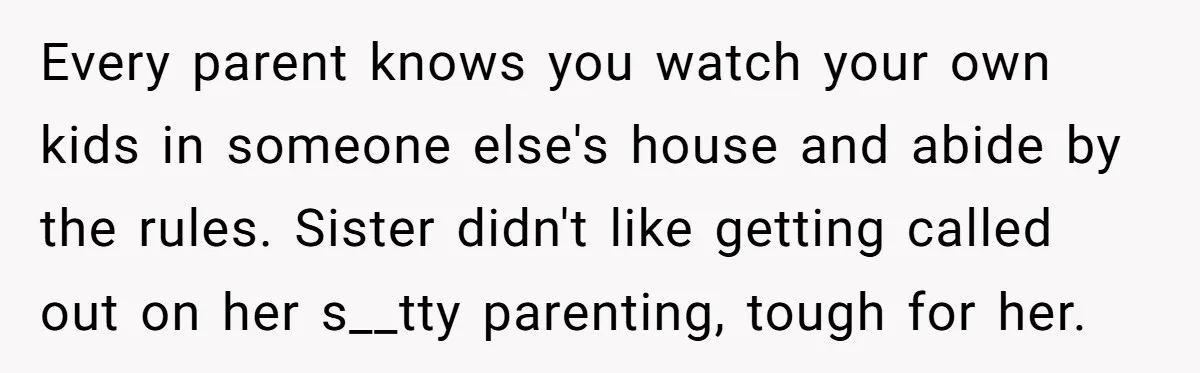 Every parent knows you watch your own kids in someone else's house and abide by the rules. Sister didn't like getting called out on her s__tty parenting, tough for her.