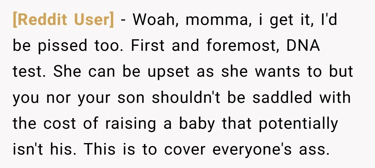 [Reddit User] - Woah, momma, i get it, I'd be pissed too. First and foremost, DNA test. She can be upset as she wants to but you nor your son...
