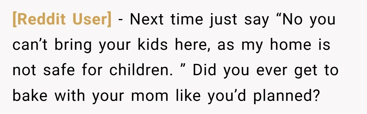 [Reddit User] − Next time just say “No you can’t bring your kids here, as my home is not safe for children. ” Did you ever get to bake with...