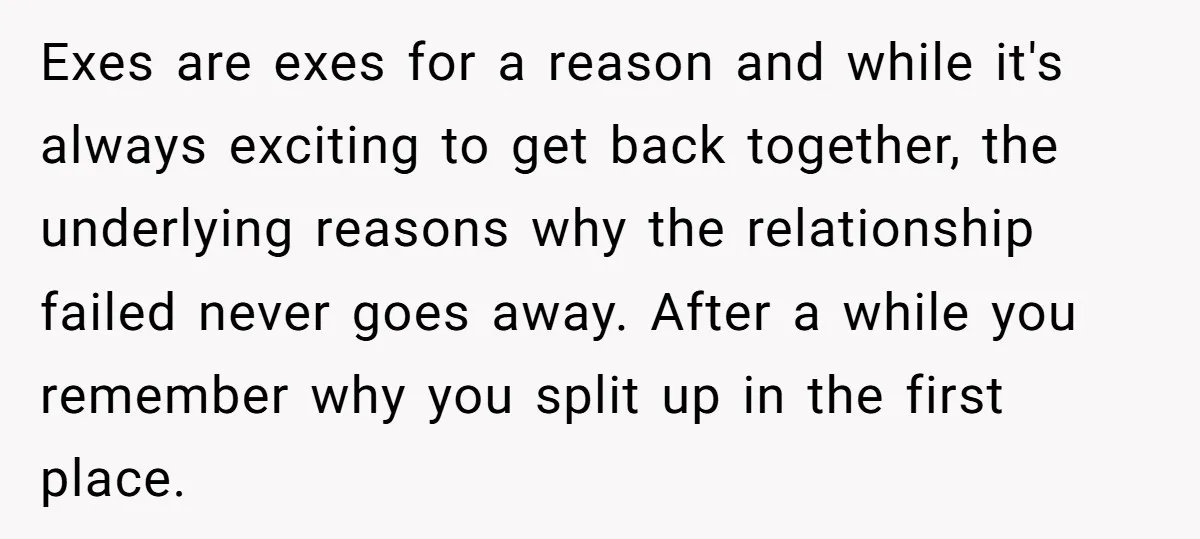 Exes are exes for a reason and while it's always exciting to get back together, the underlying reasons why the relationship failed never goes away. After a while you remember...