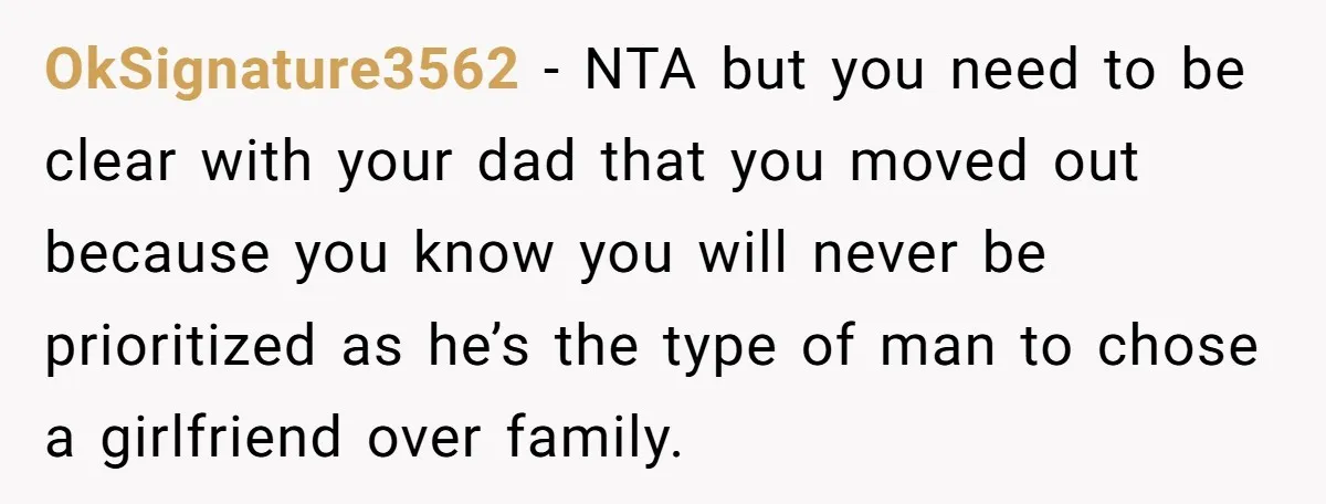 OkSignature3562 − NTA but you need to be clear with your dad that you moved out because you know you will never be prioritized as he’s the type of man...