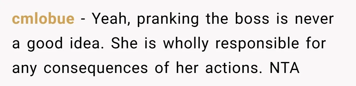 cmlobue − Yeah, pranking the boss is never a good idea. She is wholly responsible for any consequences of her actions. NTA