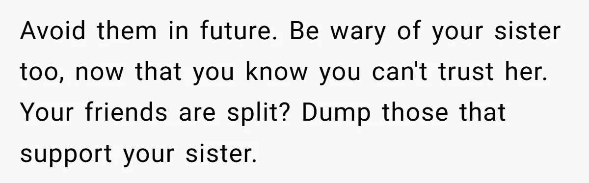 Avoid them in future. Be wary of your sister too, now that you know you can't trust her. Your friends are split? Dump those that support your sister.