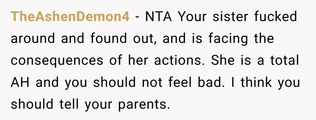 TheAshenDemon4 − NTA Your sister fucked around and found out, and is facing the consequences of her actions. She is a total AH and you should not feel bad. I...