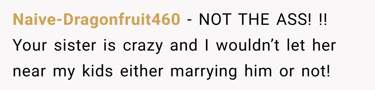 Naive-Dragonfruit460 - NOT THE ASS! !! Your sister is crazy and I wouldn’t let her near my kids either marrying him or not!