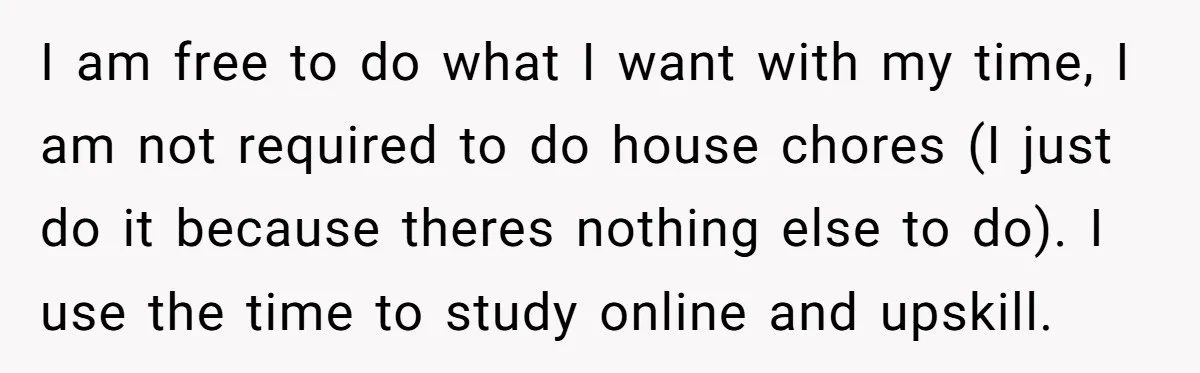 I am free to do what I want with my time, I am not required to do house chores (I just do it because theres nothing else to do). I...