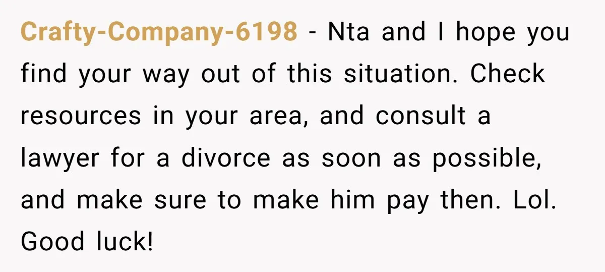 Crafty-Company-6198 − Nta and I hope you find your way out of this situation. Check resources in your area, and consult a lawyer for a divorce as soon as possible,...