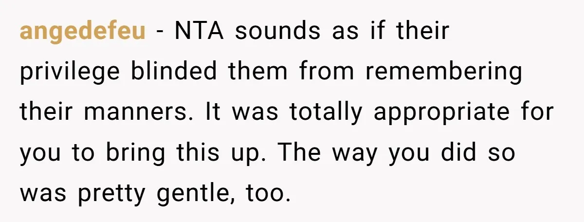 angedefeu − NTA sounds as if their privilege blinded them from remembering their manners. It was totally appropriate for you to bring this up. The way you did so was...