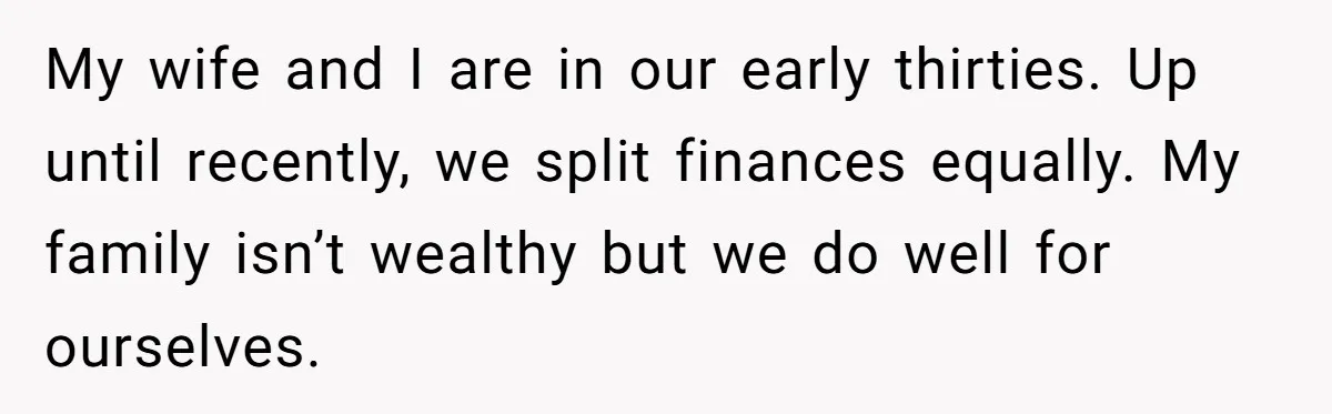 My wife and I are in our early thirties. Up until recently, we split finances equally. My family isn’t wealthy but we do well for ourselves.
