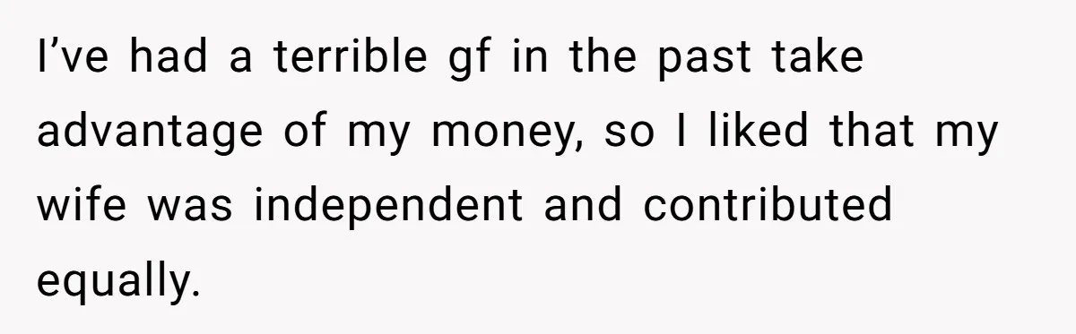 I’ve had a terrible gf in the past take advantage of my money, so I liked that my wife was independent and contributed equally.