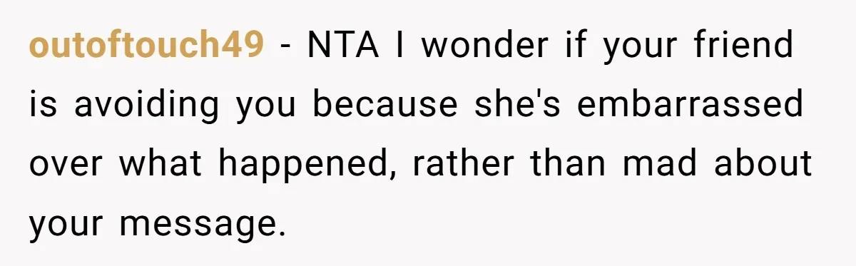 outoftouch49 − NTA I wonder if your friend is avoiding you because she's embarrassed over what happened, rather than mad about your message.