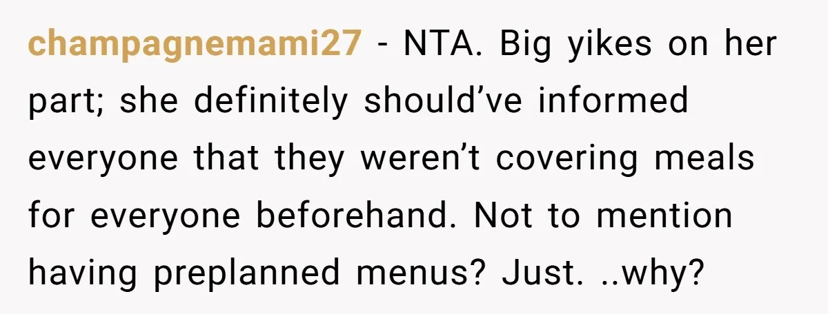 champagnemami27 − NTA. Big yikes on her part; she definitely should’ve informed everyone that they weren’t covering meals for everyone beforehand. Not to mention having preplanned menus? Just. ..why?