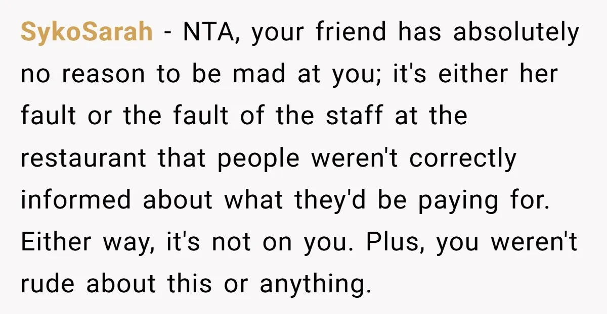 SykoSarah − NTA, your friend has absolutely no reason to be mad at you; it's either her fault or the fault of the staff at the restaurant that people weren't...