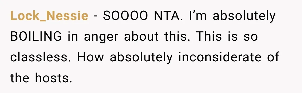 Lock_Nessie − SOOOO NTA. I’m absolutely BOILING in anger about this. This is so classless. How absolutely inconsiderate of the hosts.
