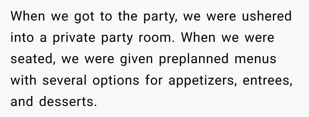 When we got to the party, we were ushered into a private party room. When we were seated, we were given preplanned menus with several options for appetizers, entrees, and...