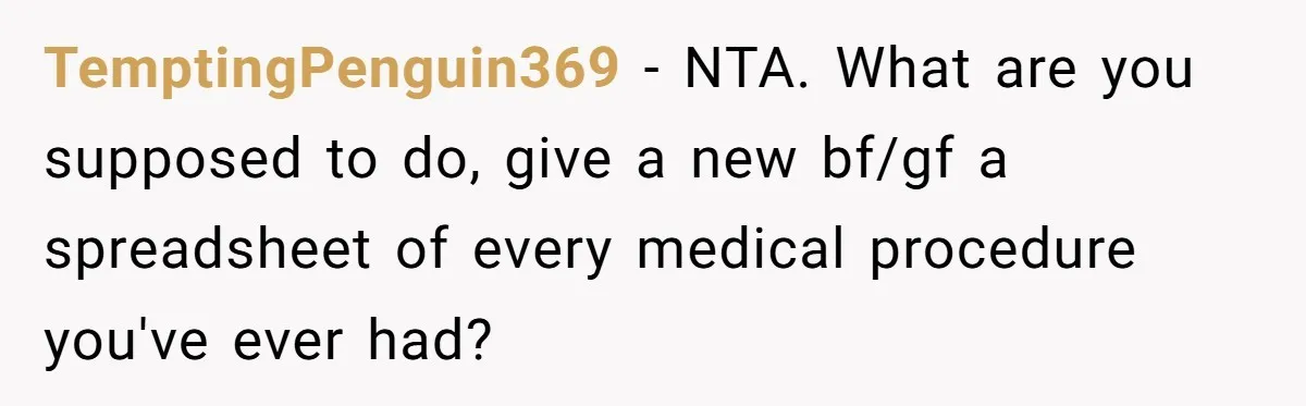 TemptingPenguin369 − NTA. What are you supposed to do, give a new bf/gf a spreadsheet of every medical procedure you've ever had?