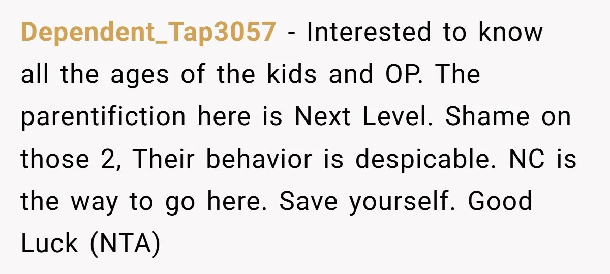 Dependent_Tap3057 - Interested to know all the ages of the kids and OP. The parentifiction here is Next Level. Shame on those 2, Their behavior is despicable. NC is the...