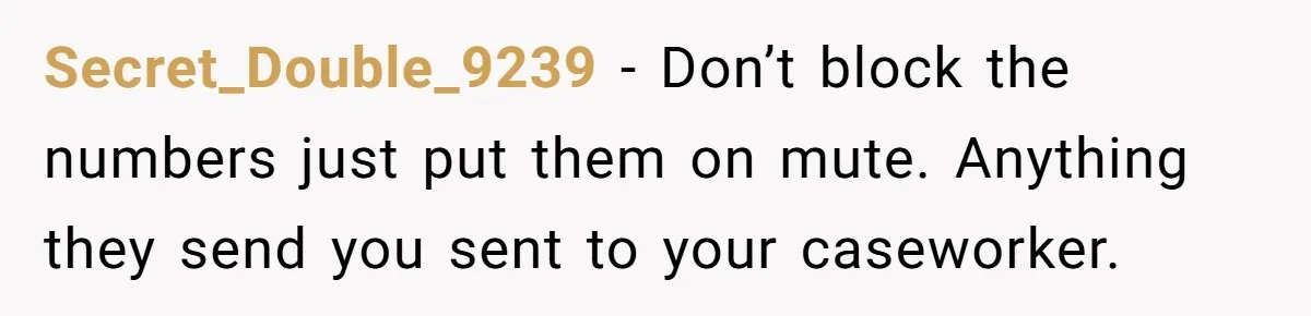 Secret_Double_9239 - Don’t block the numbers just put them on mute. Anything they send you sent to your caseworker.