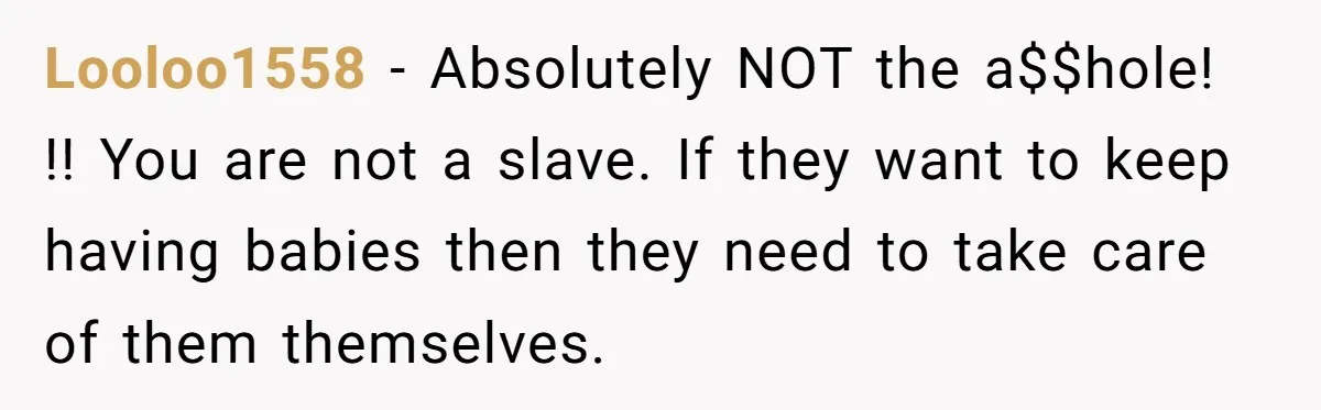 Looloo1558 - Absolutely NOT the a$$hole! !! You are not a slave. If they want to keep having babies then they need to take care of them themselves.