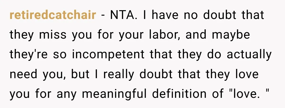 retiredcatchair - NTA. I have no doubt that they miss you for your labor, and maybe they're so incompetent that they do actually need you, but I really doubt that...