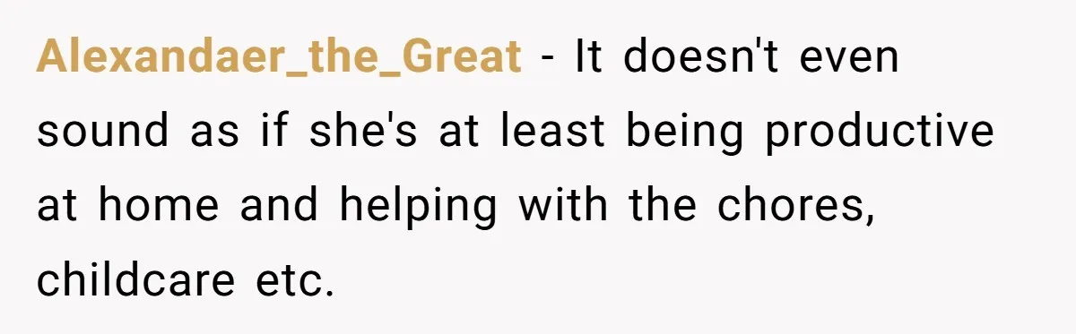 Alexandaer_the_Great − It doesn't even sound as if she's at least being productive at home and helping with the chores, childcare etc.