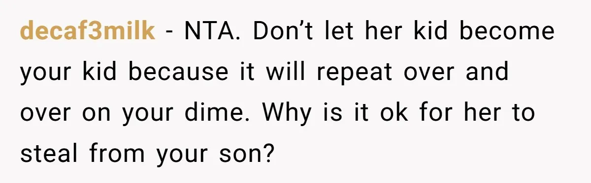 decaf3milk − NTA. Don’t let her kid become your kid because it will repeat over and over on your dime. Why is it ok for her to steal from your...