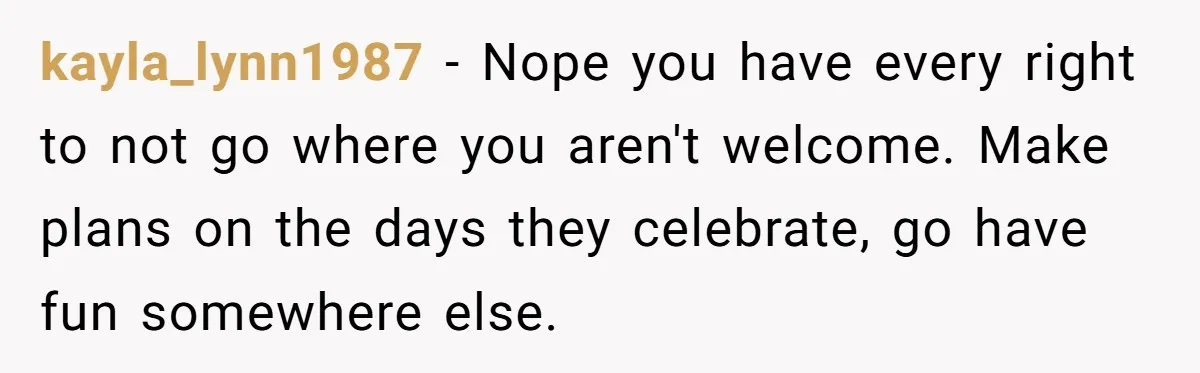 kayla_lynn1987 − Nope you have every right to not go where you aren't welcome. Make plans on the days they celebrate, go have fun somewhere else.