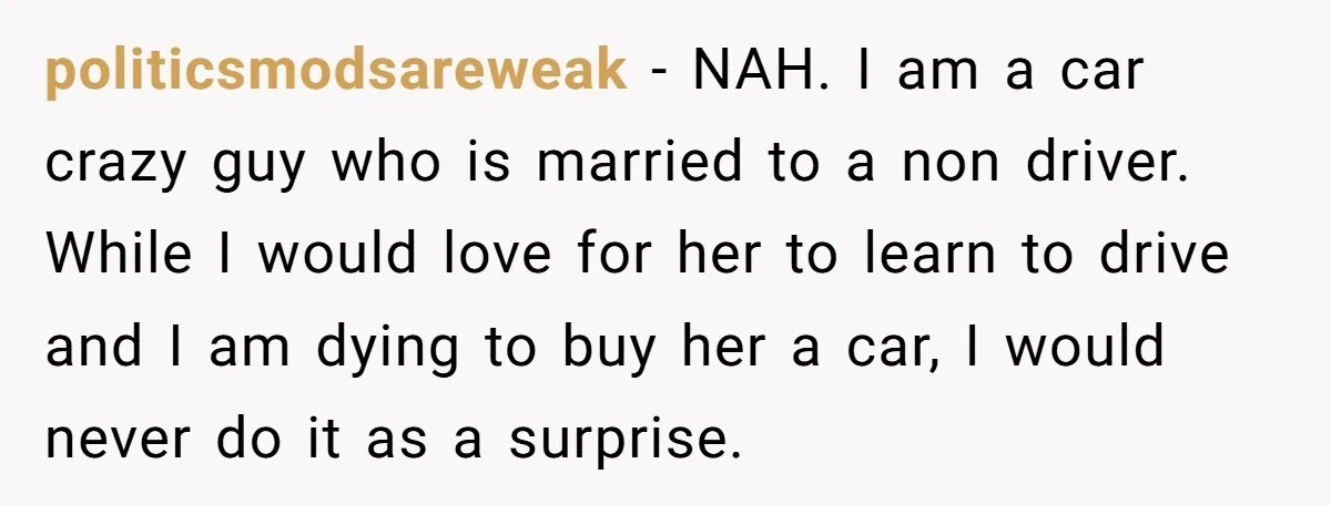politicsmodsareweak − NAH. I am a car crazy guy who is married to a non driver. While I would love for her to learn to drive and I am dying...