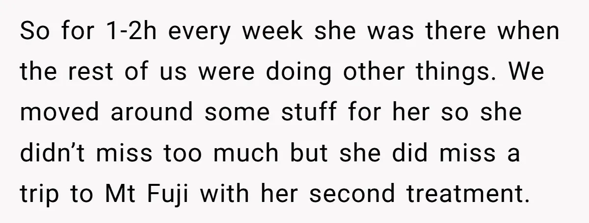 So for 1-2h every week she was there when the rest of us were doing other things. We moved around some stuff for her so she didn’t miss too much...