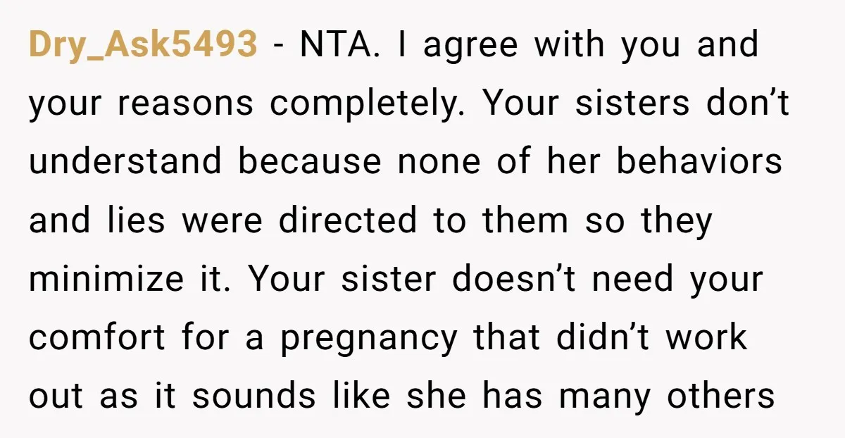 Dry_Ask5493 - NTA. I agree with you and your reasons completely. Your sisters don’t understand because none of her behaviors and lies were directed to them so they minimize it....