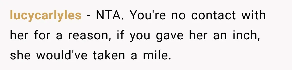 lucycarlyles - NTA. You're no contact with her for a reason, if you gave her an inch, she would've taken a mile.
