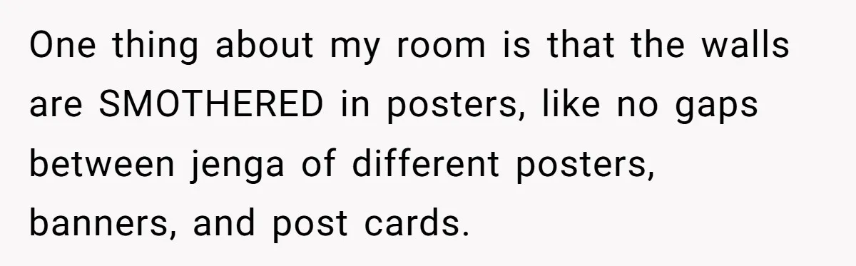 One thing about my room is that the walls are SMOTHERED in posters, like no gaps between jenga of different posters, banners, and post cards.
