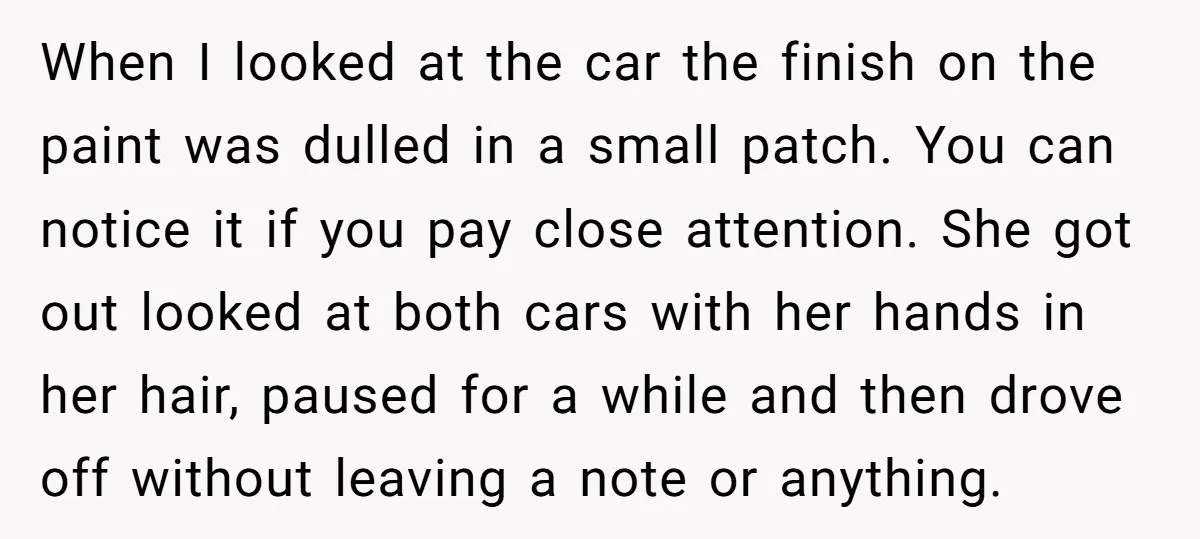 When I looked at the car the finish on the paint was dulled in a small patch. You can notice it if you pay close attention. She got out looked...