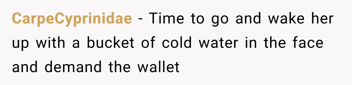 CarpeCyprinidae − Time to go and wake her up with a bucket of cold water in the face and demand the wallet