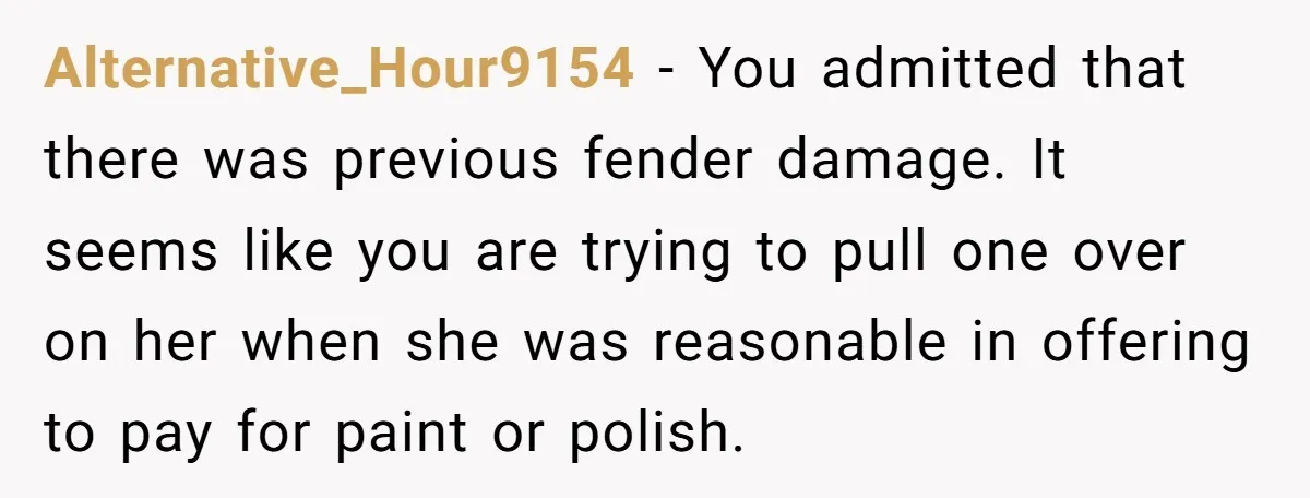 Alternative_Hour9154 − You admitted that there was previous fender damage. It seems like you are trying to pull one over on her when she was reasonable in offering to pay...