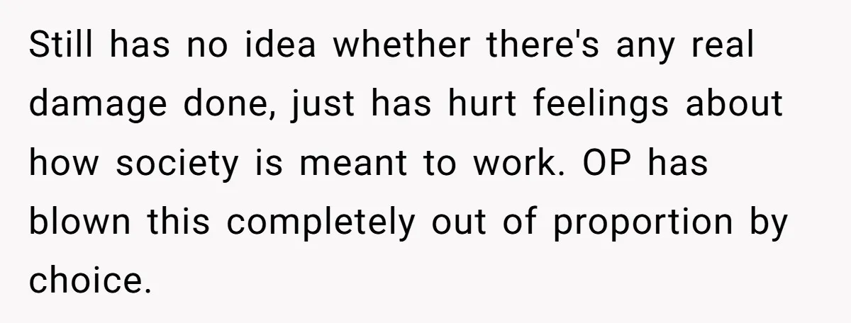 Still has no idea whether there's any real damage done, just has hurt feelings about how society is meant to work. OP has blown this completely out of proportion by...