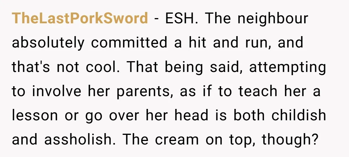 TheLastPorkSword − ESH. The neighbour absolutely committed a hit and run, and that's not cool. That being said, attempting to involve her parents, as if to teach her a lesson...